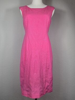 Vintage Y2K Barbie Pink Donna Morgan Linen Blend Sheath Dress Embroidered Size 2